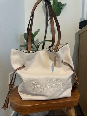 Coach Andy White Leather Shoulder Bag with Brown Handles